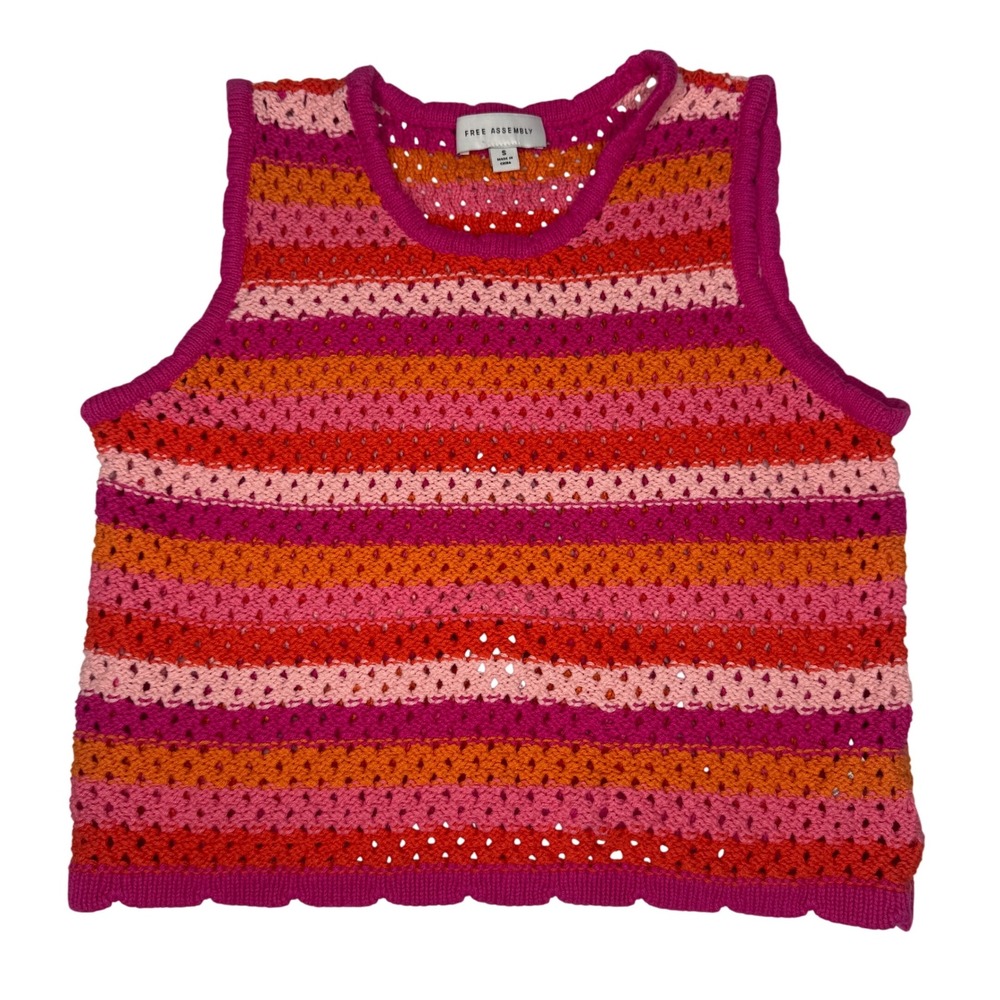 Free Assembly Crochet Tank Top Small Sleeveless Striped Pink Orange Knit S